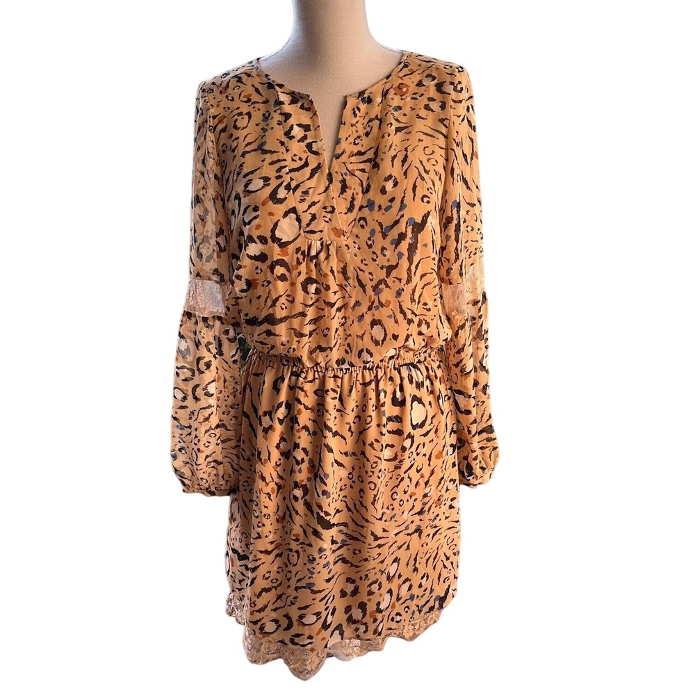 White House Black Market‎ Boho Animal Print Dress Lace Trim Long Sleeve Sheer 8